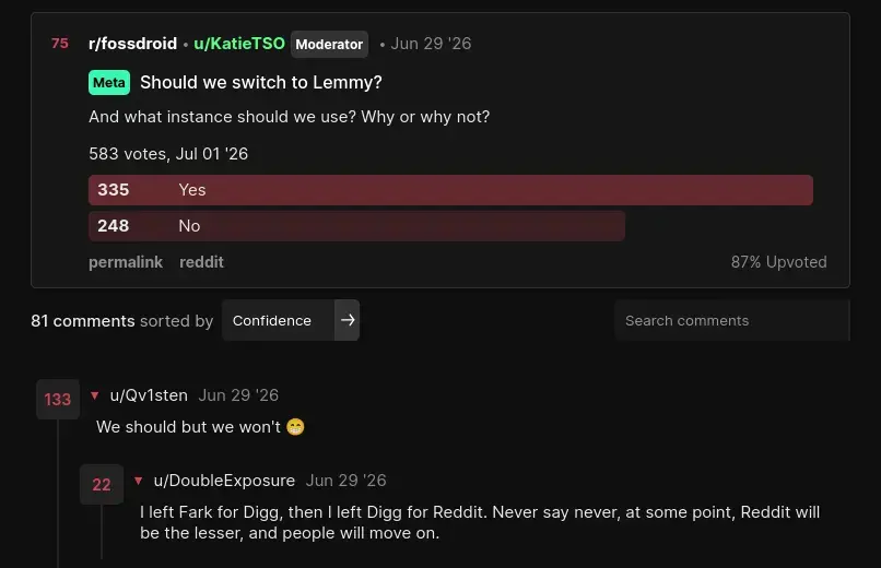 r/fossdroid'de açılan Lemmy'ye geçelim mi anketi: 335 evet, 248 hayır.